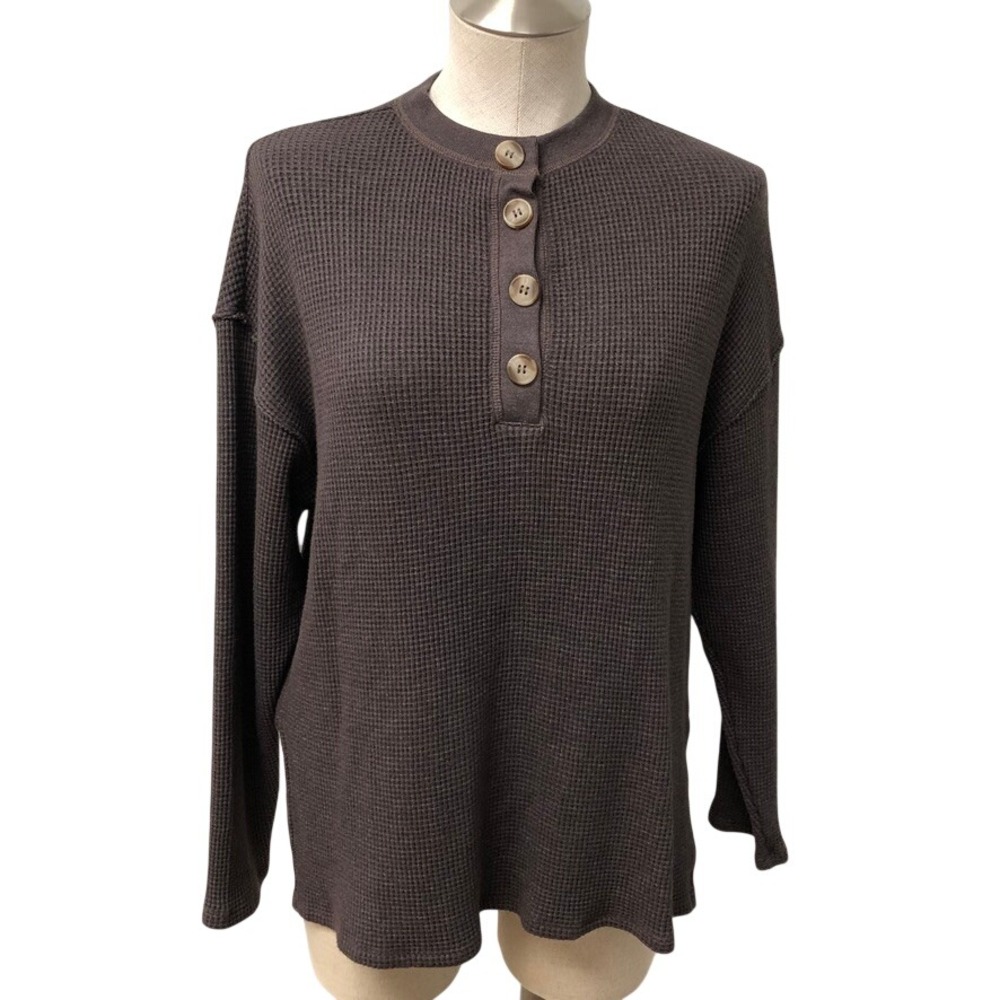 Dylan Henley Top Womens Medium Brown Waffle Knit Long Sleeve Comfort Earth